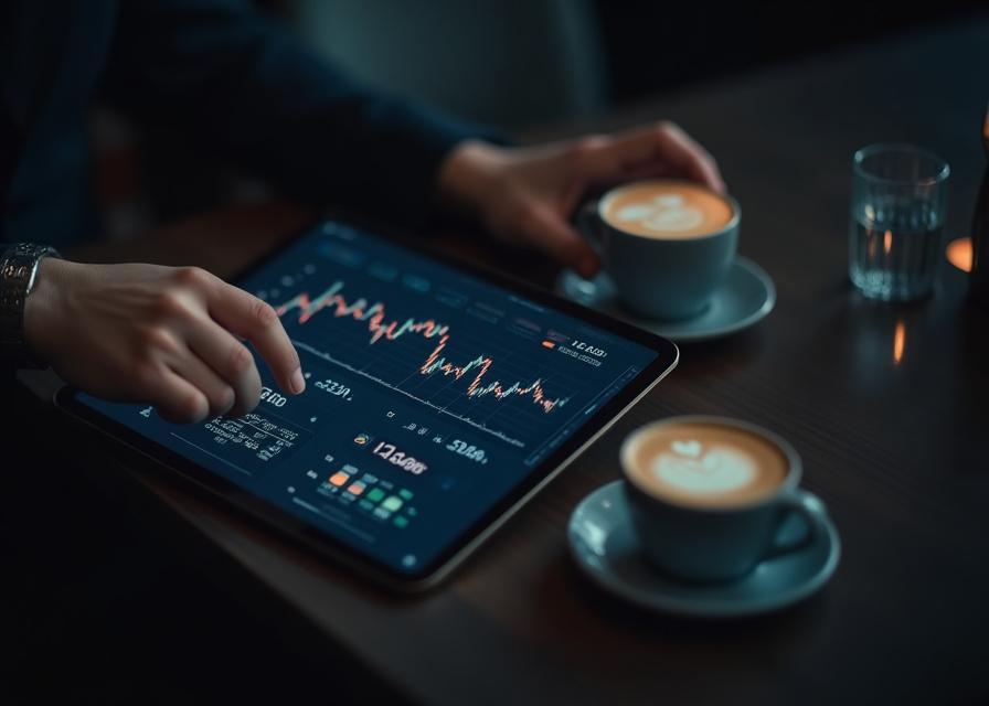Analyzing complex financial charts on a tablet next to a cappuccino