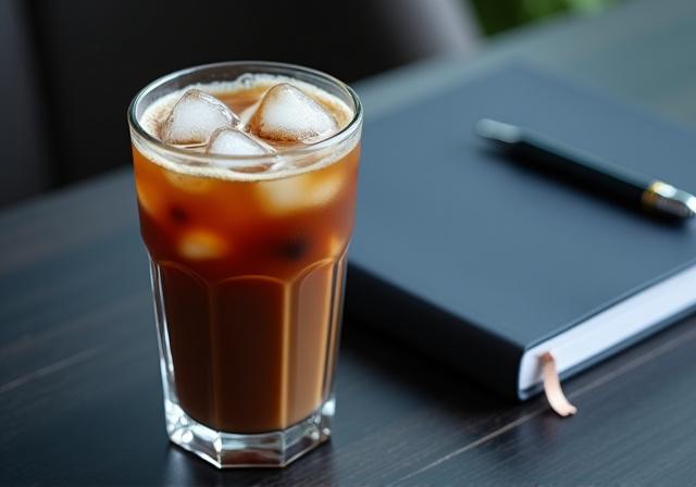 Specialty iced coffee with swirling milk next to a professional planner