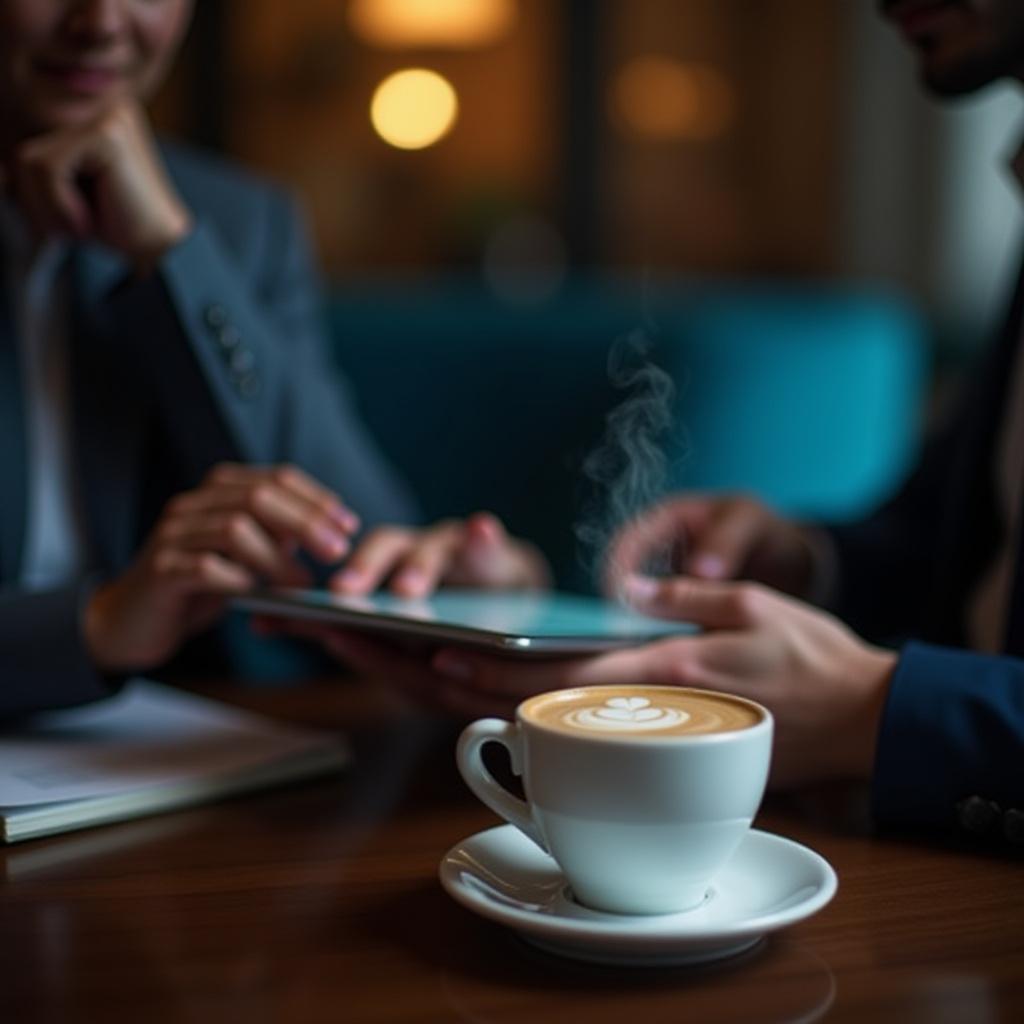 Professional strategist discussing a plan on a tablet over coffee