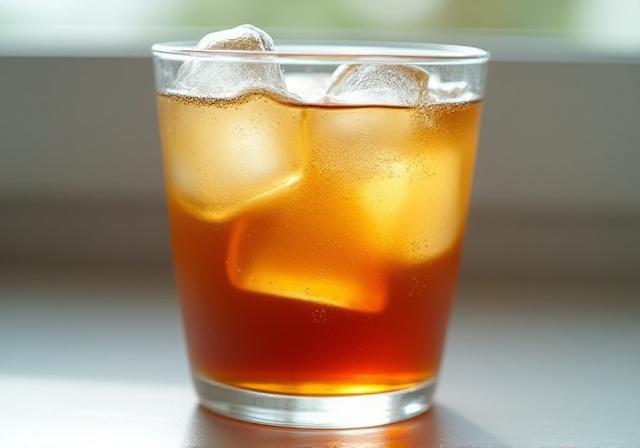 Close up of a cold brew coffee with geometric ice cubes in a sophisticated cafe setting